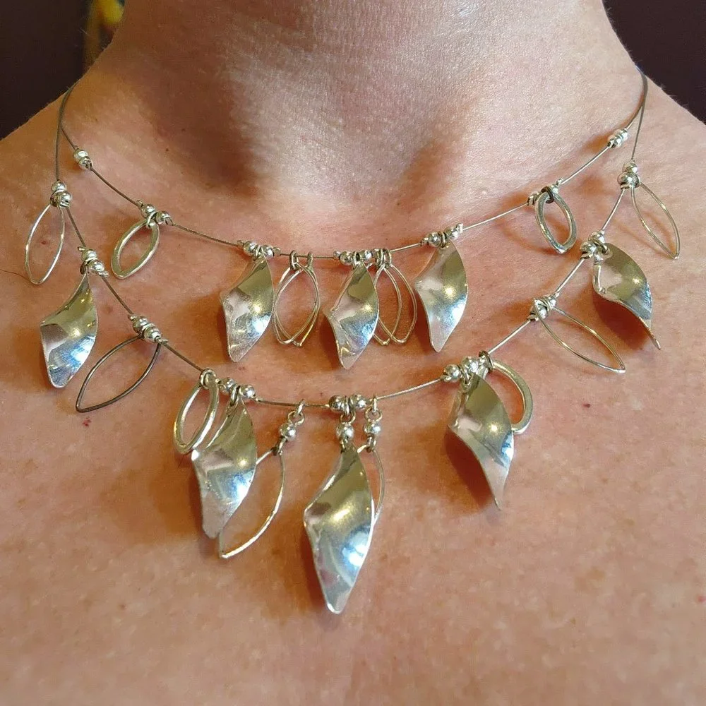 Double Layer Silver Spiral and Marquis Drop Statement Dressy Necklace